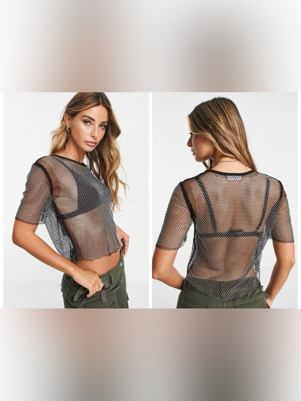 Sheer Metallic Mesh Short Sleeve Top - Gray
